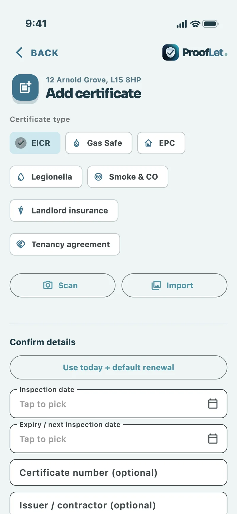 Add certificate screen with EICR selected and fields for inspection and expiry dates