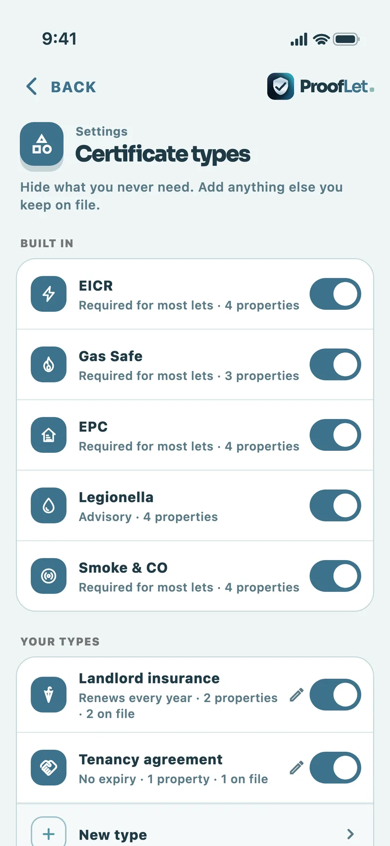 Certificate types screen with built-in checks plus landlord insurance and a tenancy agreement