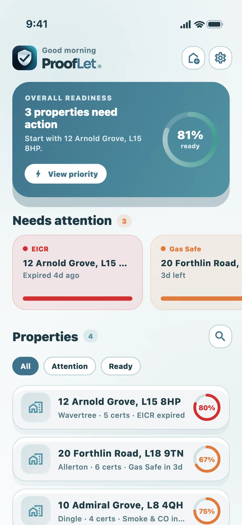 ProofLet dashboard showing portfolio readiness and each property’s certificate status