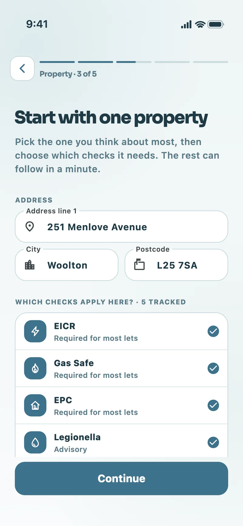 Onboarding step for adding 251 Menlove Avenue and choosing which certificates to track