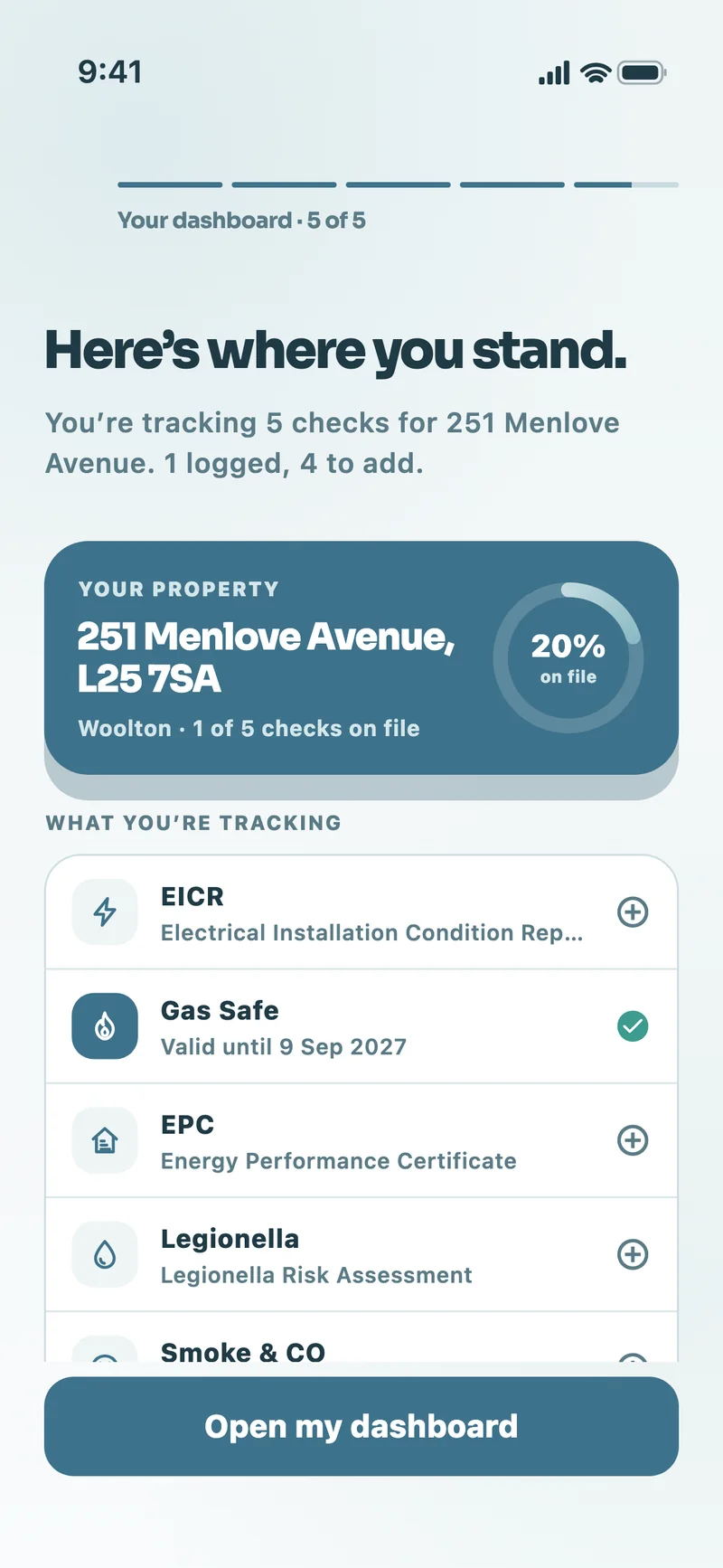 Onboarding reveal showing 251 Menlove Avenue at 20% on file after logging Gas Safe