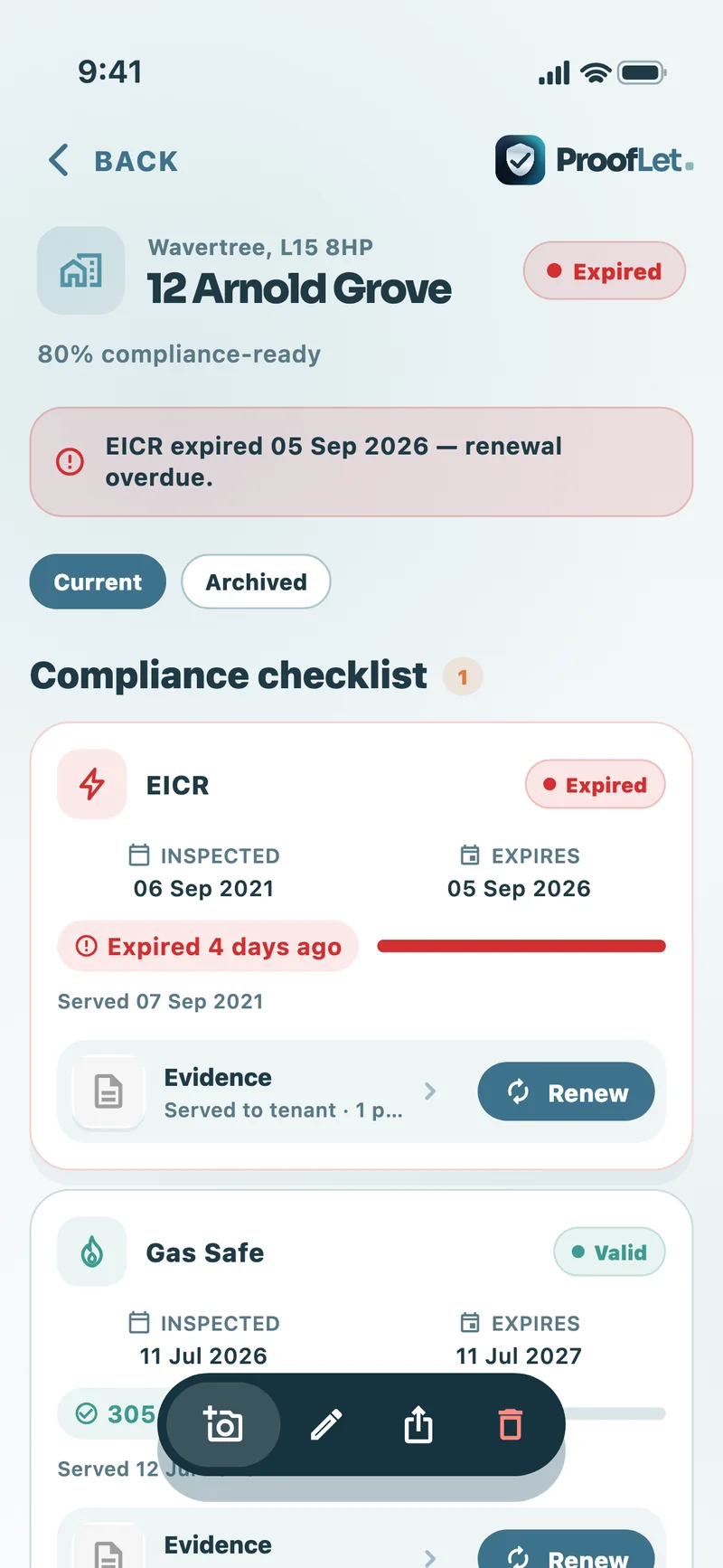 Property detail for 12 Arnold Grove showing an expired EICR and the evidence on file